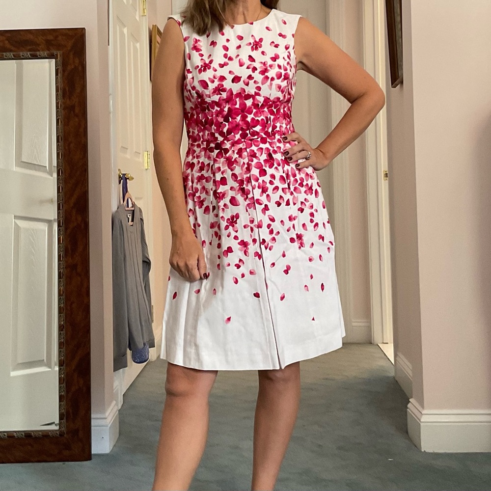 Tahari White and Pink Floral Midi Dress